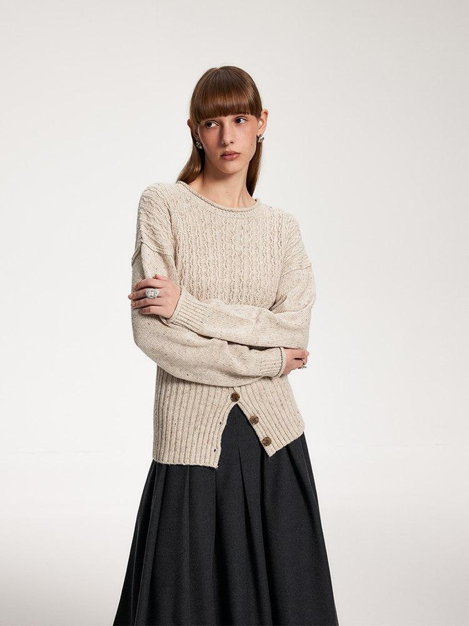 someonesometimes Acrylic Blend Speckled Beige Crew Neck Pullover Office Knitwear Sweaters