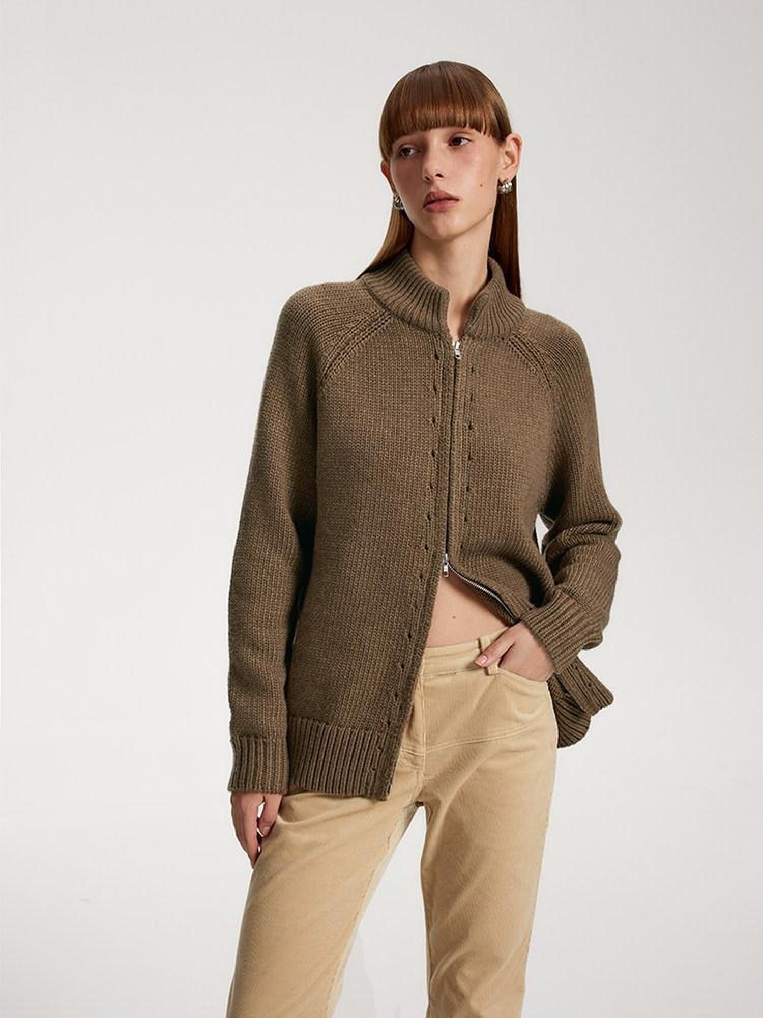 someonesometimes Acrylic Wool Blend Stand Collar Open Front Commuter Knit Brown Cardigans