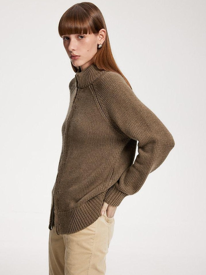someonesometimes Acrylic Wool Blend Stand Collar Open Front Commuter Knit Brown Cardigans