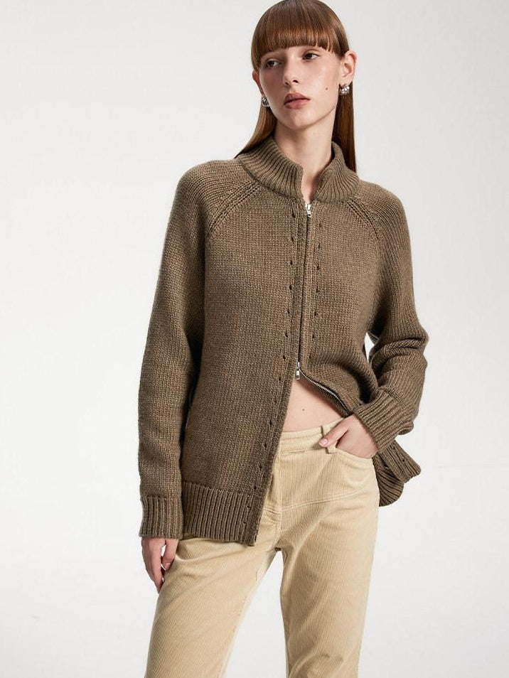 someonesometimes Acrylic Wool Blend Stand Collar Open Front Commuter Knit Brown Cardigans