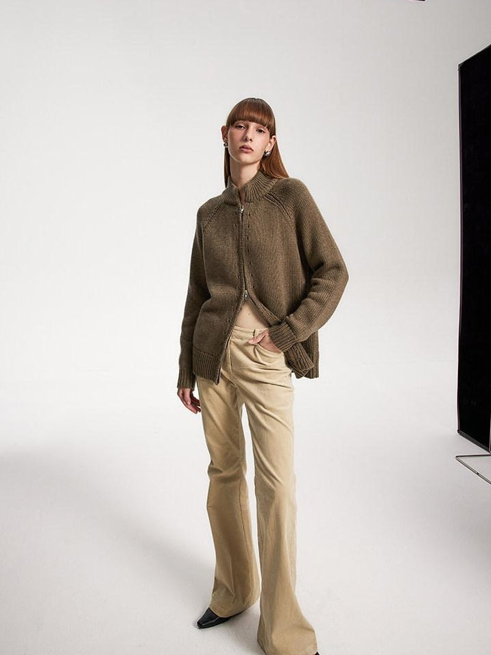 someonesometimes Acrylic Wool Blend Stand Collar Open Front Commuter Knit Brown Cardigans