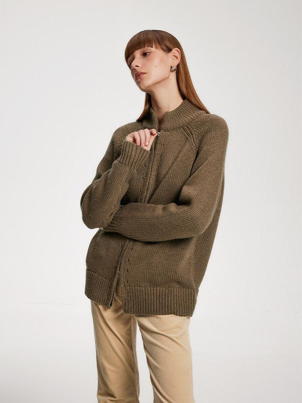 someonesometimes Acrylic Wool Blend Stand Collar Open Front Commuter Knit Brown Cardigans