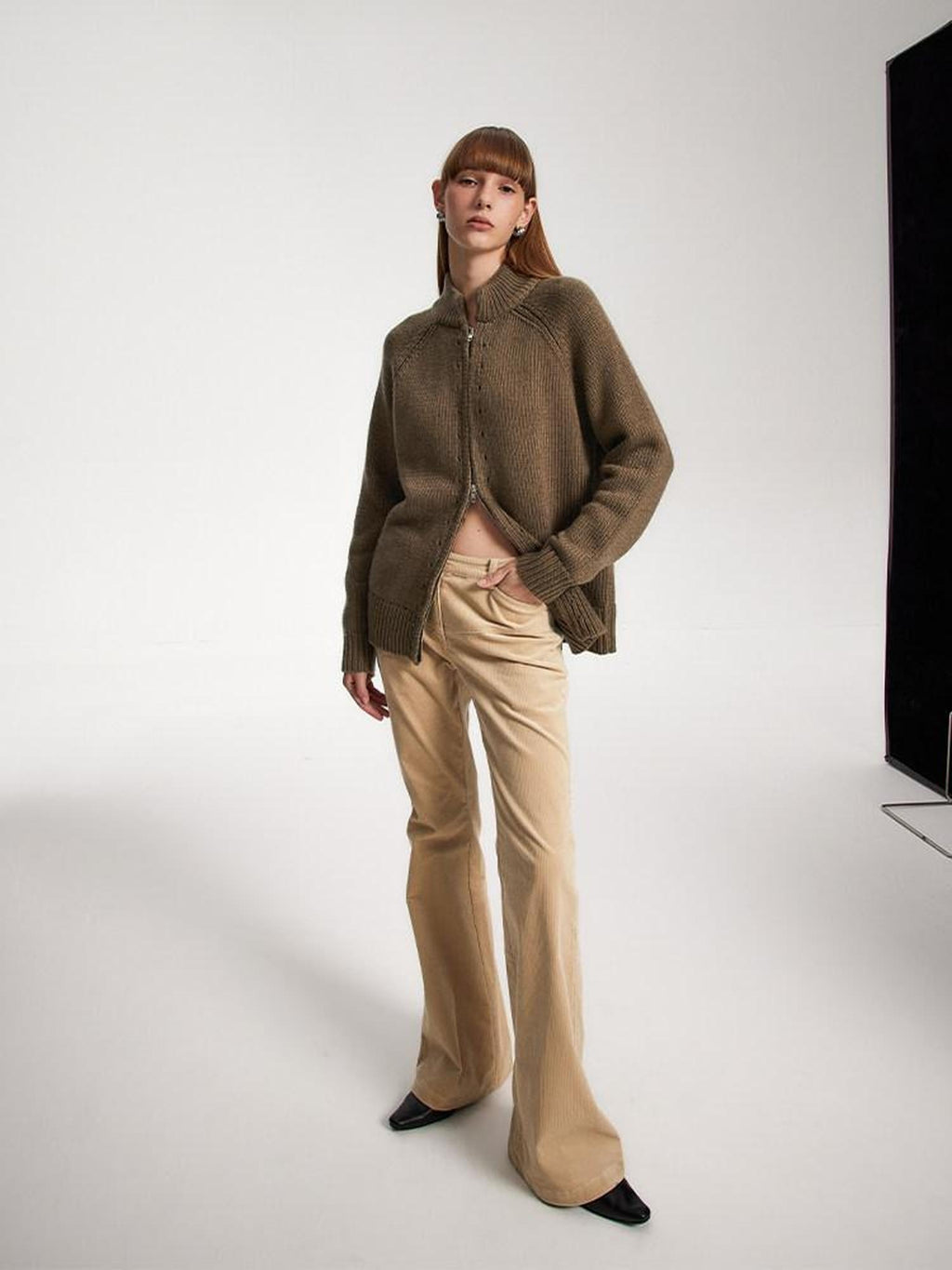 someonesometimes Acrylic Wool Blend Stand Collar Open Front Commuter Knit Brown Cardigans