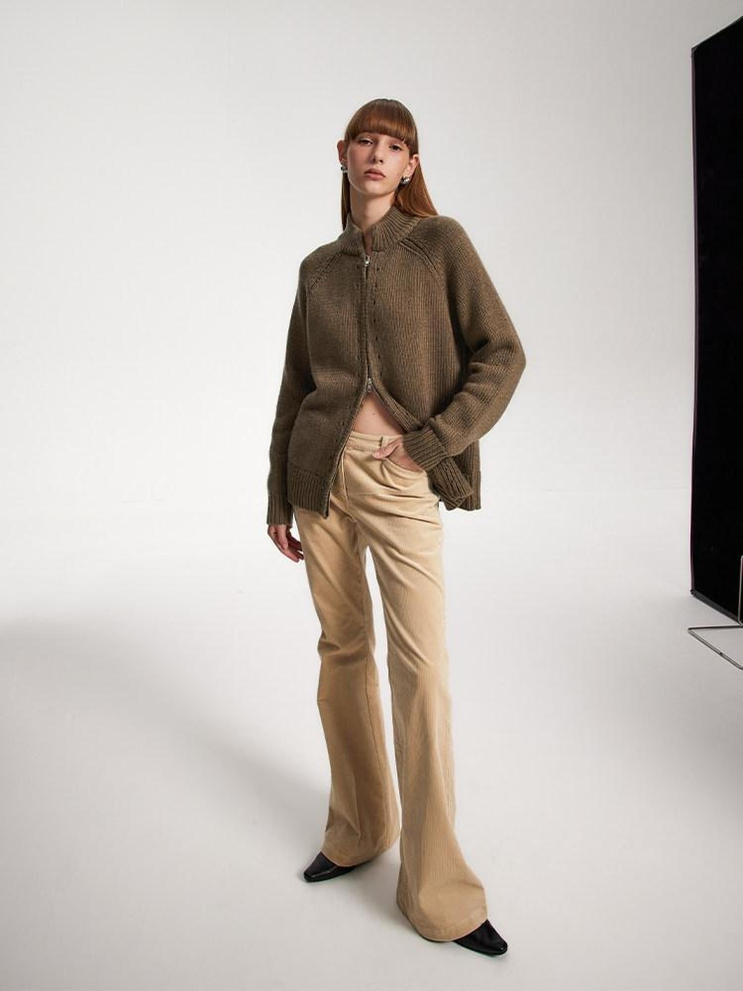 someonesometimes Acrylic Wool Blend Stand Collar Open Front Commuter Knit Brown Cardigans
