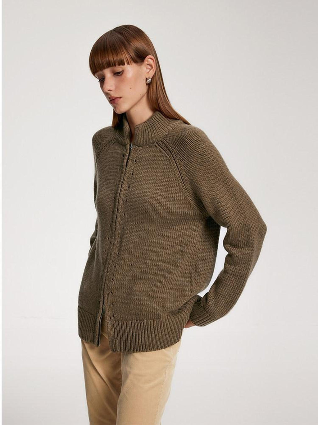 someonesometimes Acrylic Wool Blend Stand Collar Open Front Commuter Knit Brown Cardigans