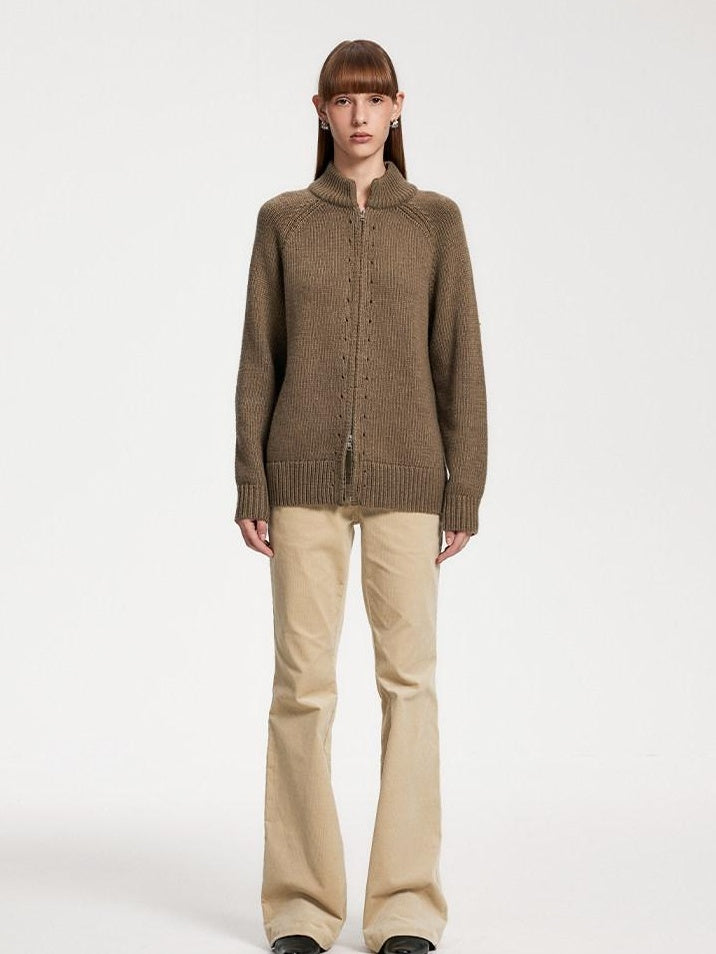 someonesometimes Acrylic Wool Blend Stand Collar Open Front Commuter Knit Brown Cardigans