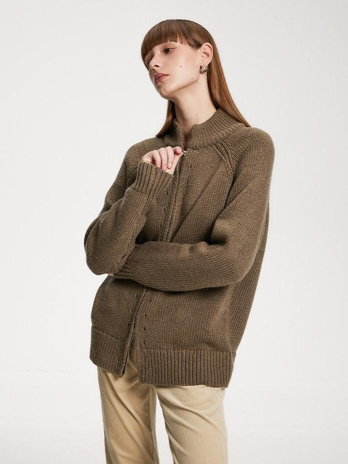 someonesometimes Acrylic Wool Blend Stand Collar Open Front Commuter Knit Brown Cardigans