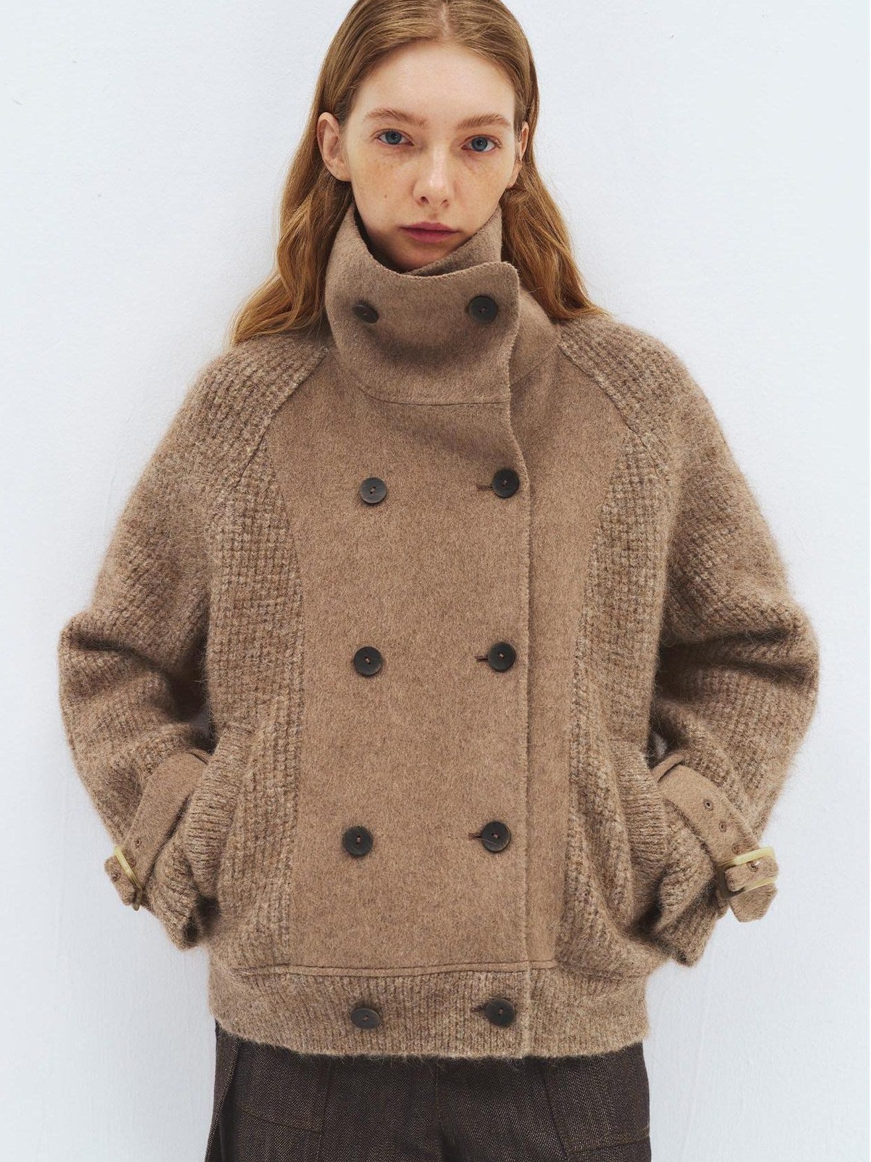 someonesometimes Alpaca Blend Double Breasted Casual Loose Fit Women Lapel Dusty Camel Short Coat