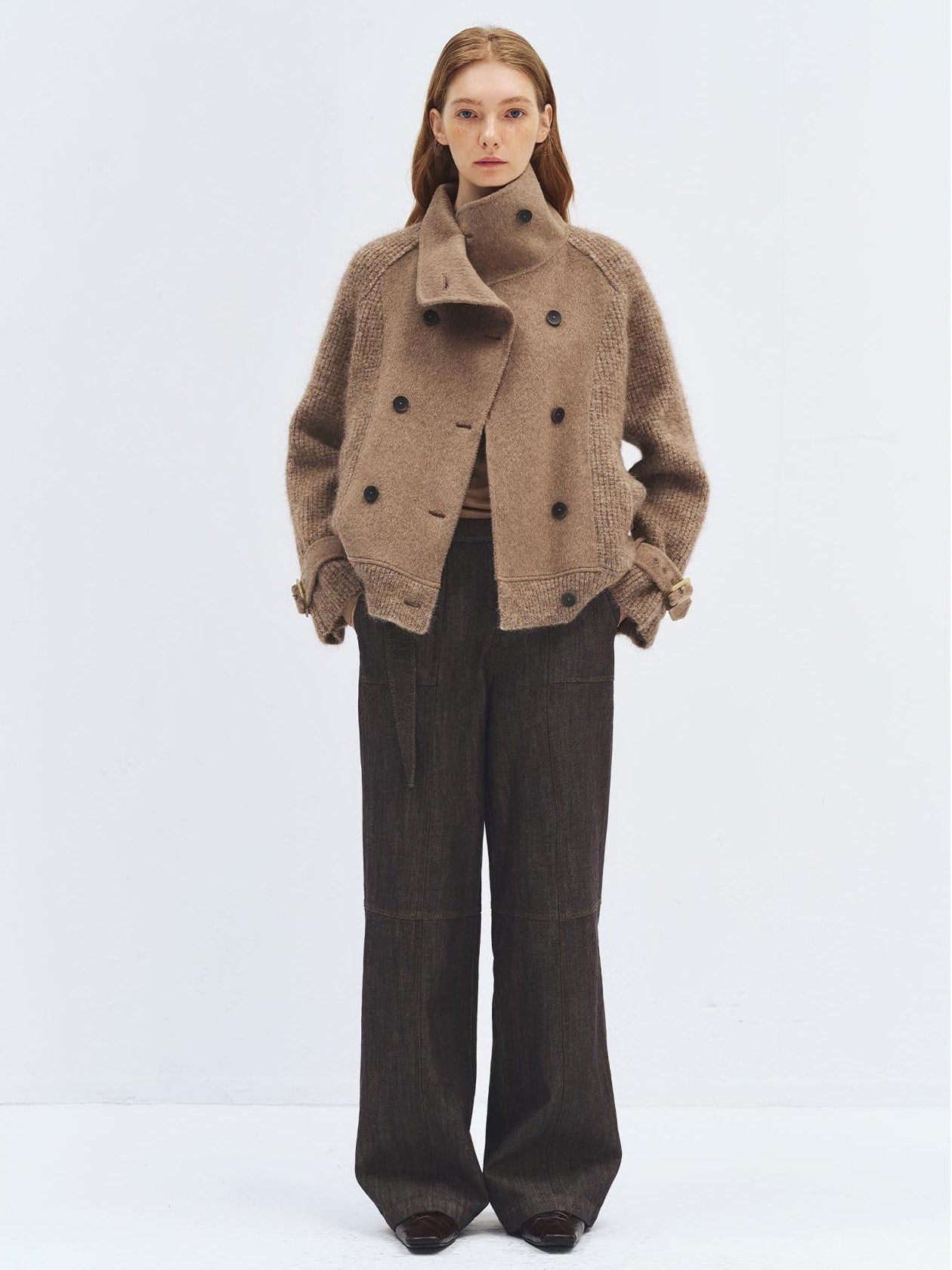 someonesometimes Alpaca Blend Double Breasted Casual Loose Fit Women Lapel Dusty Camel Short Coat
