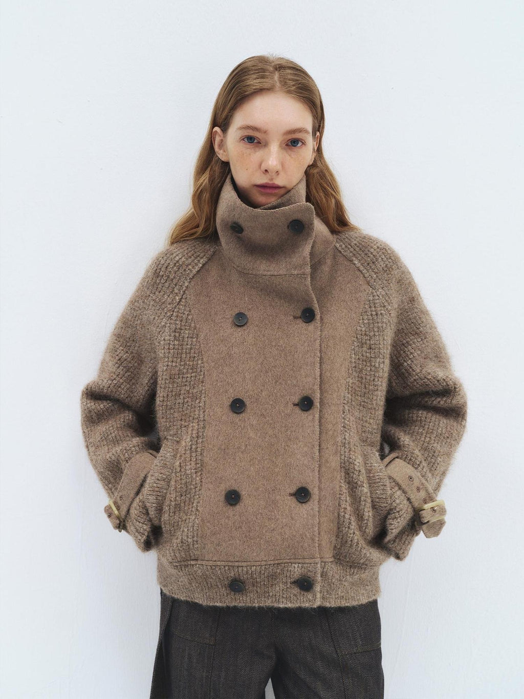 someonesometimes Alpaca Blend Double Breasted Casual Loose Fit Women Lapel Dusty Camel Short Coat