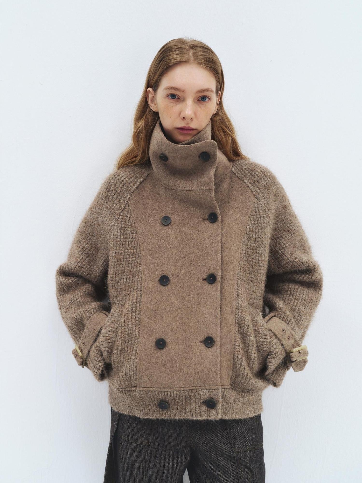 someonesometimes Alpaca Blend Double Breasted Casual Loose Fit Women Lapel Dusty Camel Short Coat