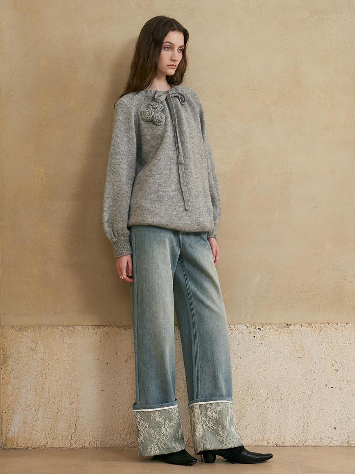 someonesometimes Alpaca Blend Round Neck Lantern Sleeve Loose Fit Sweet Women Knit Sweaters