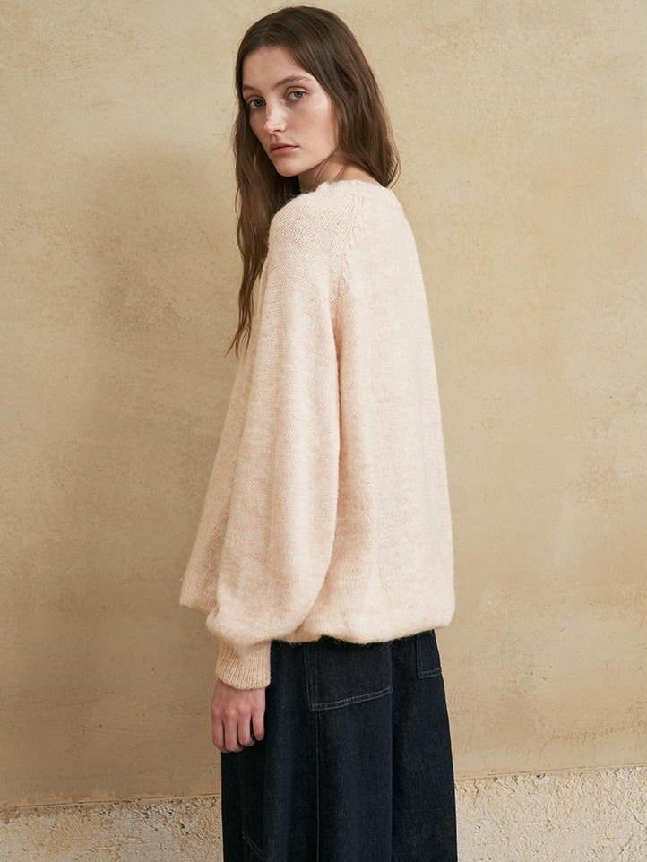 someonesometimes Alpaca Blend Round Neck Lantern Sleeve Loose Fit Sweet Women Knit Sweaters