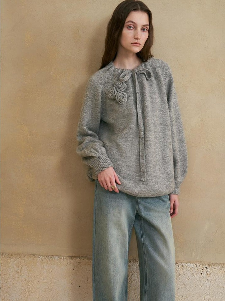 someonesometimes Alpaca Blend Round Neck Lantern Sleeve Loose Fit Sweet Women Knit Sweaters