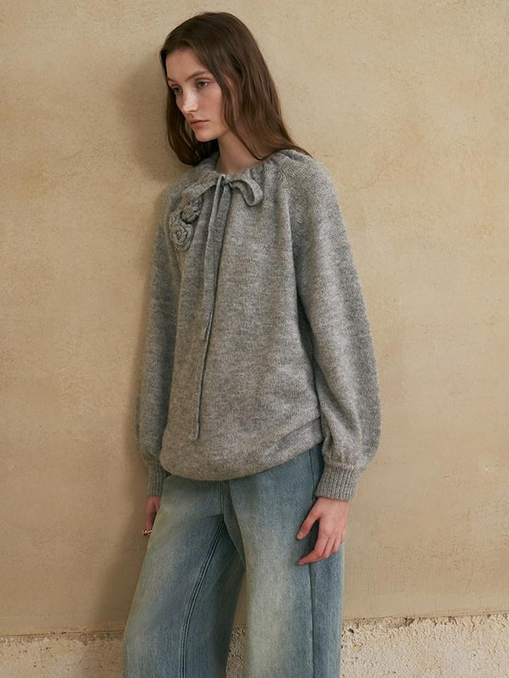 someonesometimes Alpaca Blend Round Neck Lantern Sleeve Loose Fit Sweet Women Knit Sweaters