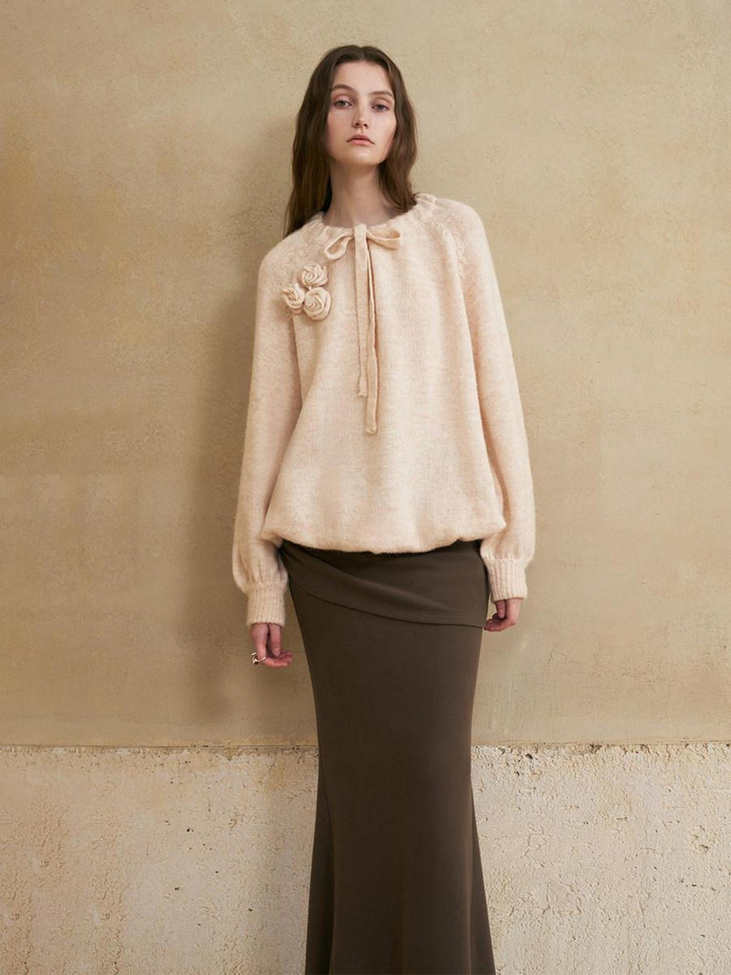 someonesometimes Alpaca Blend Round Neck Lantern Sleeve Loose Fit Sweet Women Knit Sweaters
