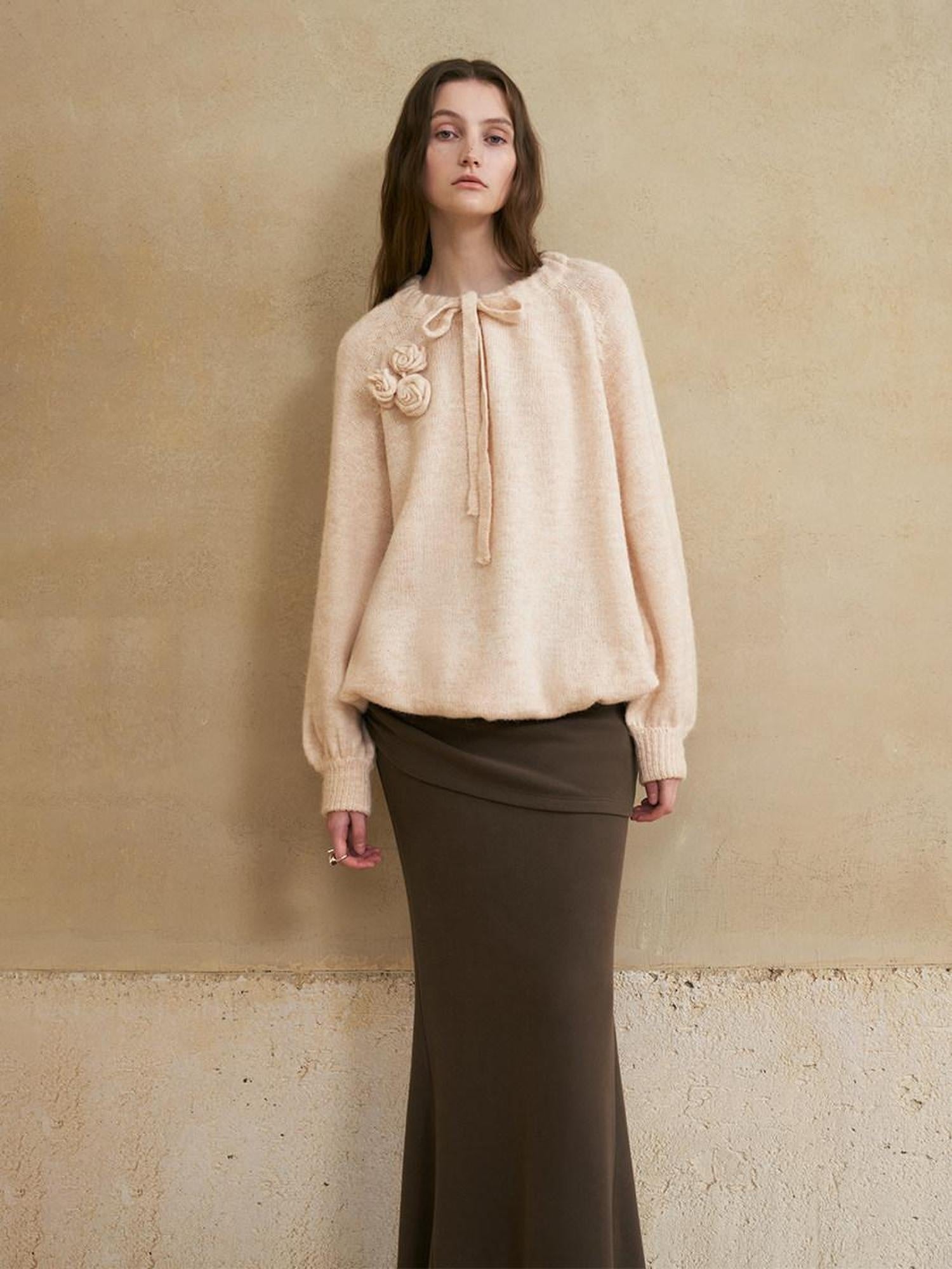 someonesometimes Alpaca Blend Round Neck Lantern Sleeve Loose Fit Sweet Women Knit Sweaters
