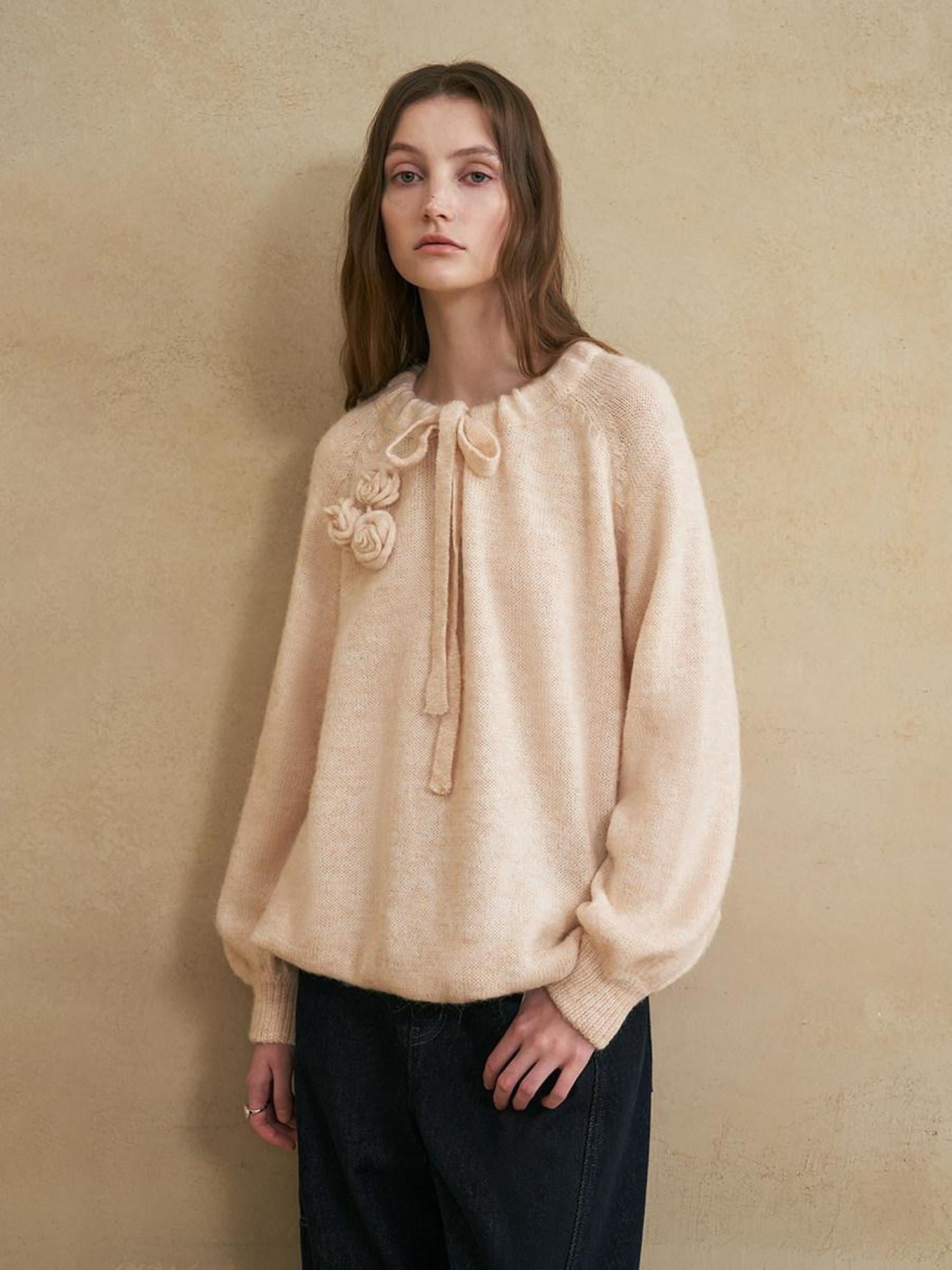 someonesometimes Alpaca Blend Round Neck Lantern Sleeve Loose Fit Sweet Women Knit Sweaters
