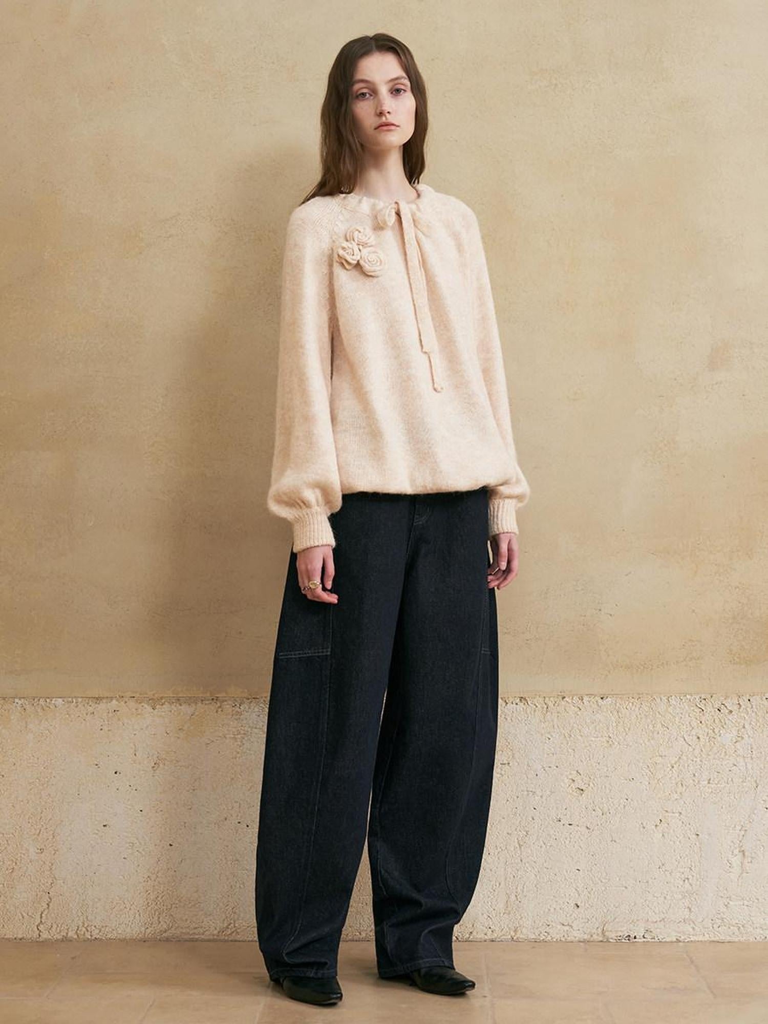 someonesometimes Alpaca Blend Round Neck Lantern Sleeve Loose Fit Sweet Women Knit Sweaters