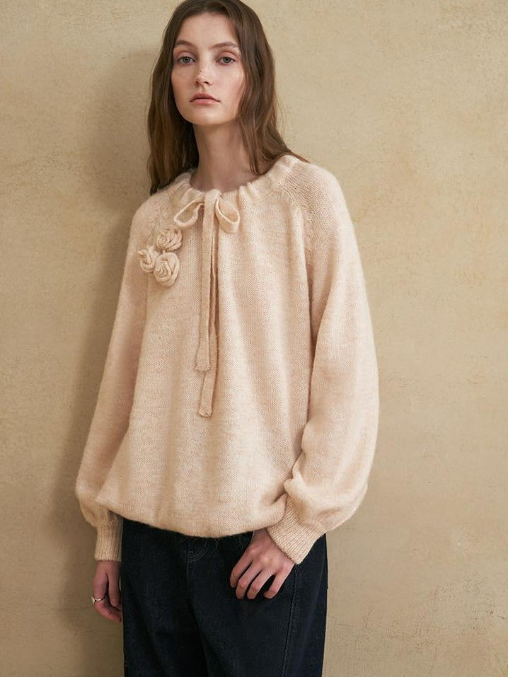 someonesometimes Alpaca Blend Round Neck Lantern Sleeve Loose Fit Sweet Women Knit Sweaters