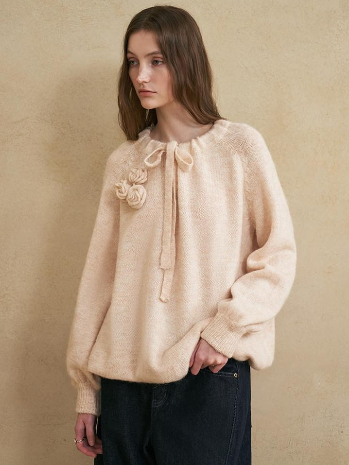 someonesometimes Alpaca Blend Round Neck Lantern Sleeve Loose Fit Sweet Women Knit Sweaters