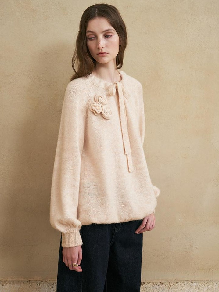 someonesometimes Alpaca Blend Round Neck Lantern Sleeve Loose Fit Sweet Women Knit Sweaters