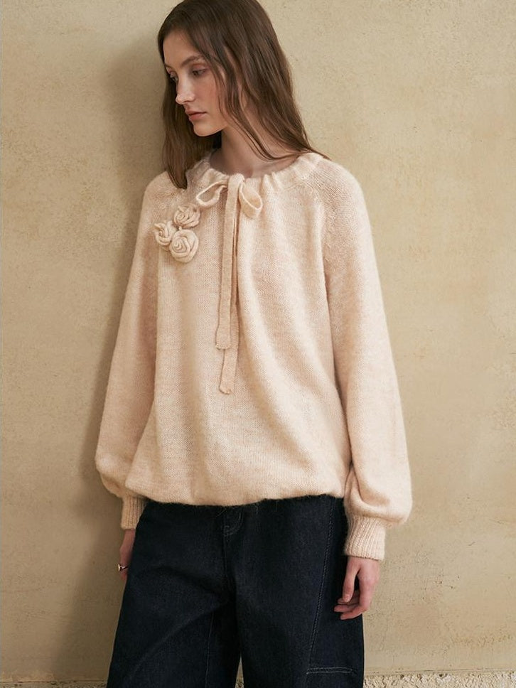 someonesometimes Alpaca Blend Round Neck Lantern Sleeve Loose Fit Sweet Women Knit Sweaters