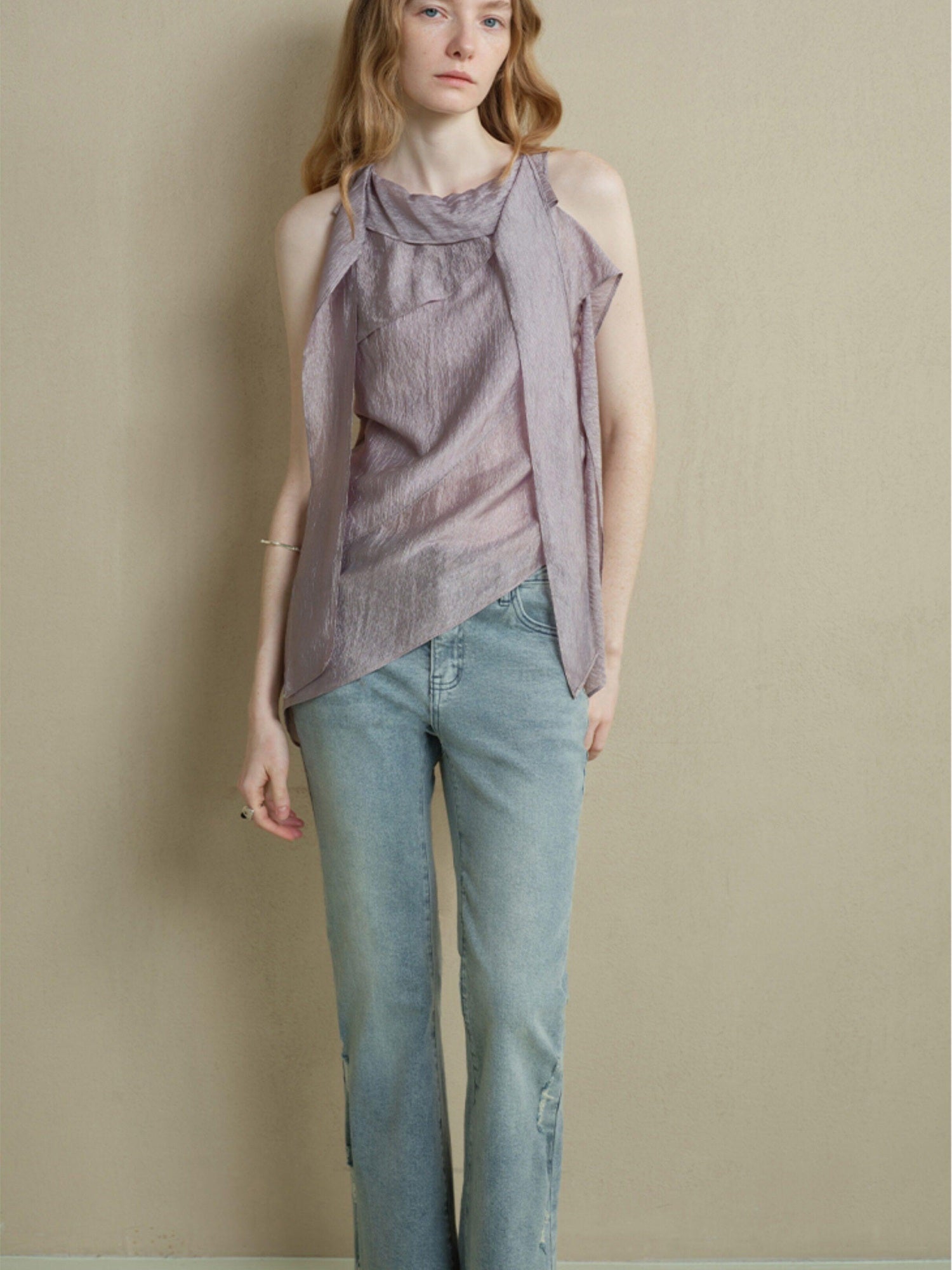 someonesometimes Asymmetrical Fringe Slim Fit Strap Solid Silver Purple Long Sleeve Crop Tops