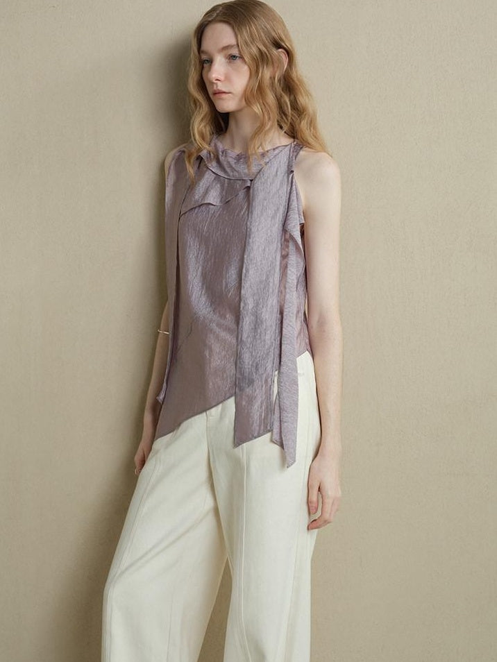 someonesometimes Asymmetrical Fringe Slim Fit Strap Solid Silver Purple Long Sleeve Crop Tops