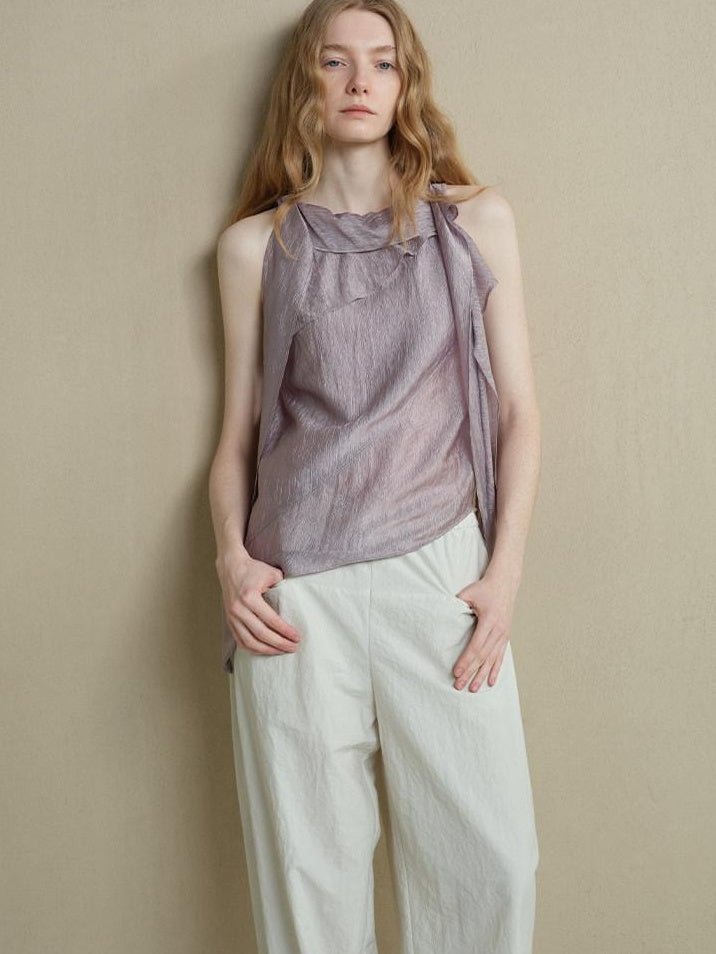 someonesometimes Asymmetrical Fringe Slim Fit Strap Solid Silver Purple Long Sleeve Crop Tops