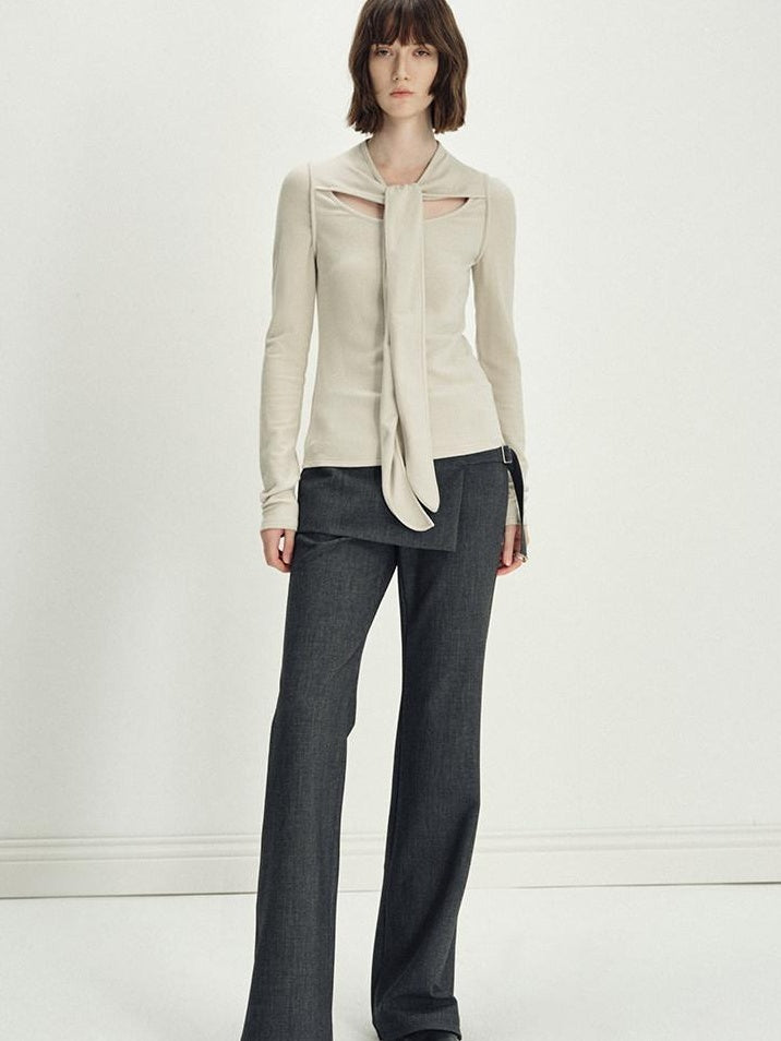 someonesometimes Asymmetrical Tie Natural Waist Micro Flare Women Polyester Blend Flared Pants
