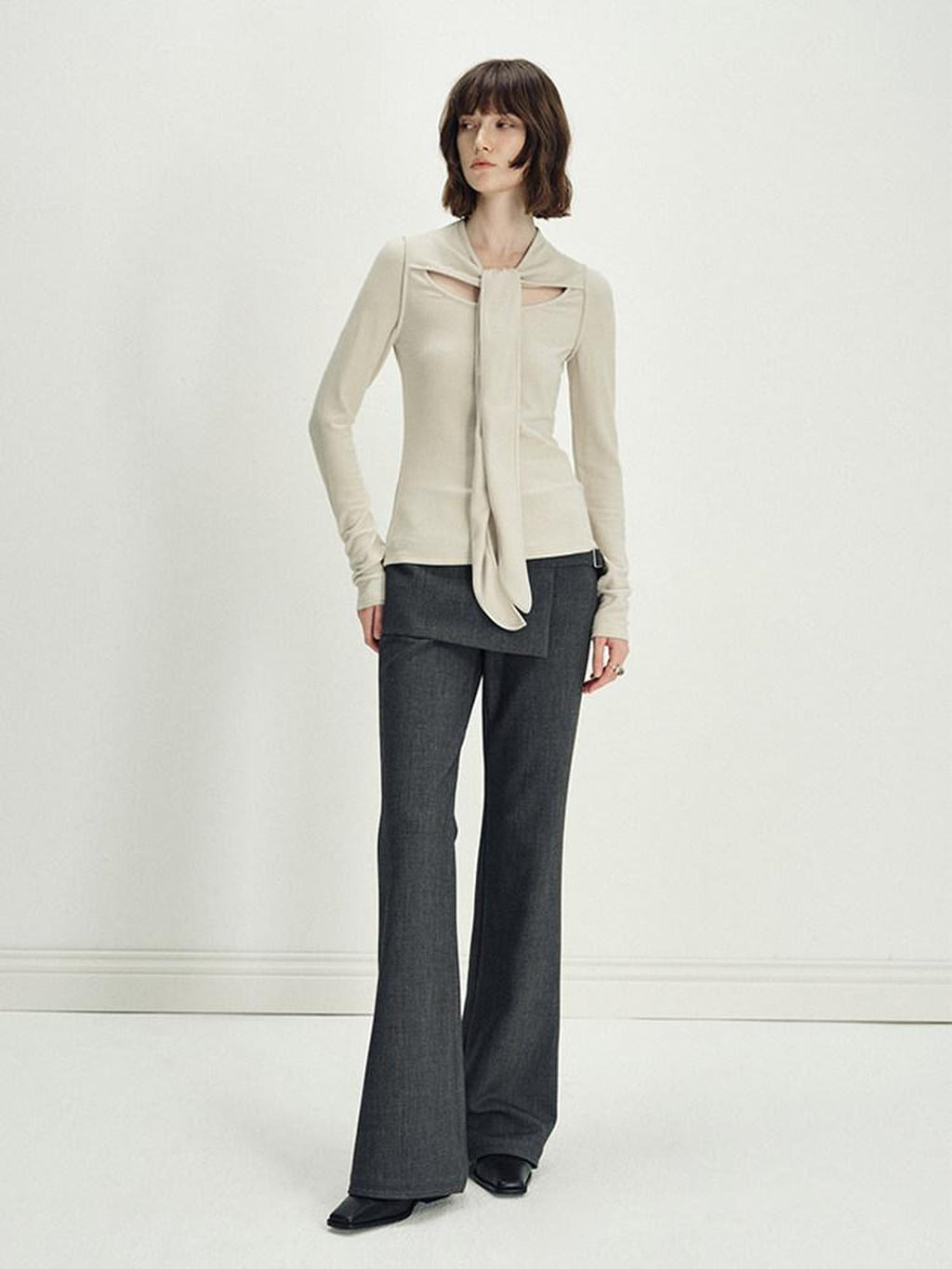 someonesometimes Asymmetrical Tie Natural Waist Micro Flare Women Polyester Blend Flared Pants