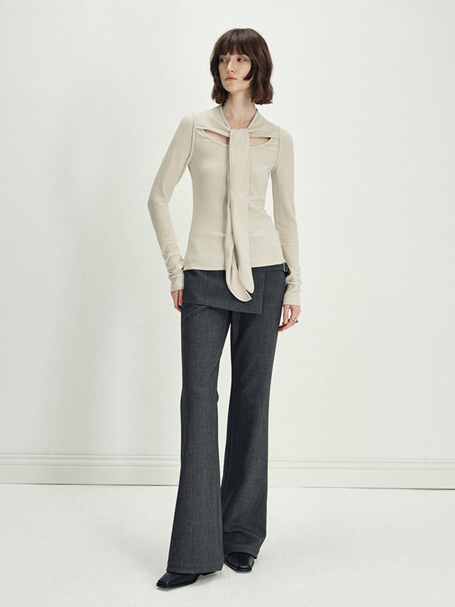 someonesometimes Asymmetrical Tie Natural Waist Micro Flare Women Polyester Blend Flared Pants