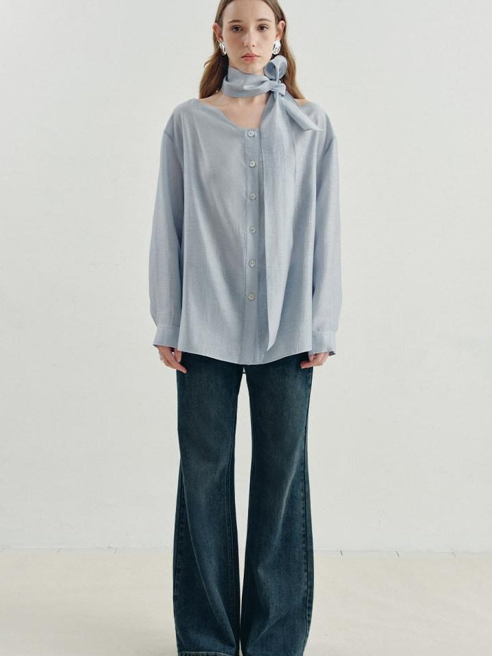 someonesometimes Breathable Lyocell Minimal Commuter Relaxed V-neck Button Tie Women Blouses