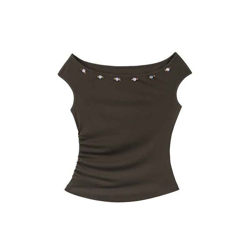 someonesometimes_Breathable_Modal_Slim_Fit_Casual_Pleated_Beaded_Brown_Women_Top_&_Skirt_Sets_MISSTT