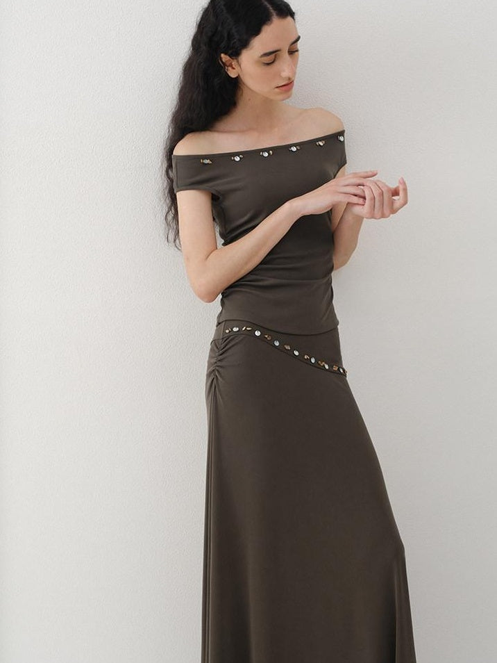 someonesometimes Breathable Modal Slim Fit Casual Pleated Beaded Brown Women Top & Skirt Sets