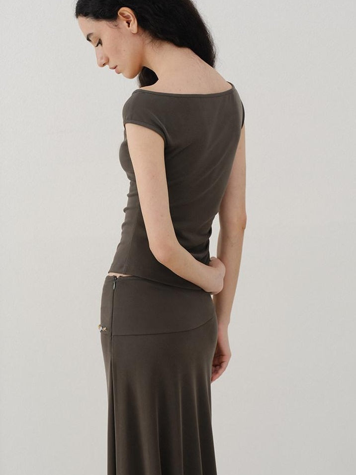 someonesometimes Breathable Modal Slim Fit Casual Pleated Beaded Brown Women Top & Skirt Sets