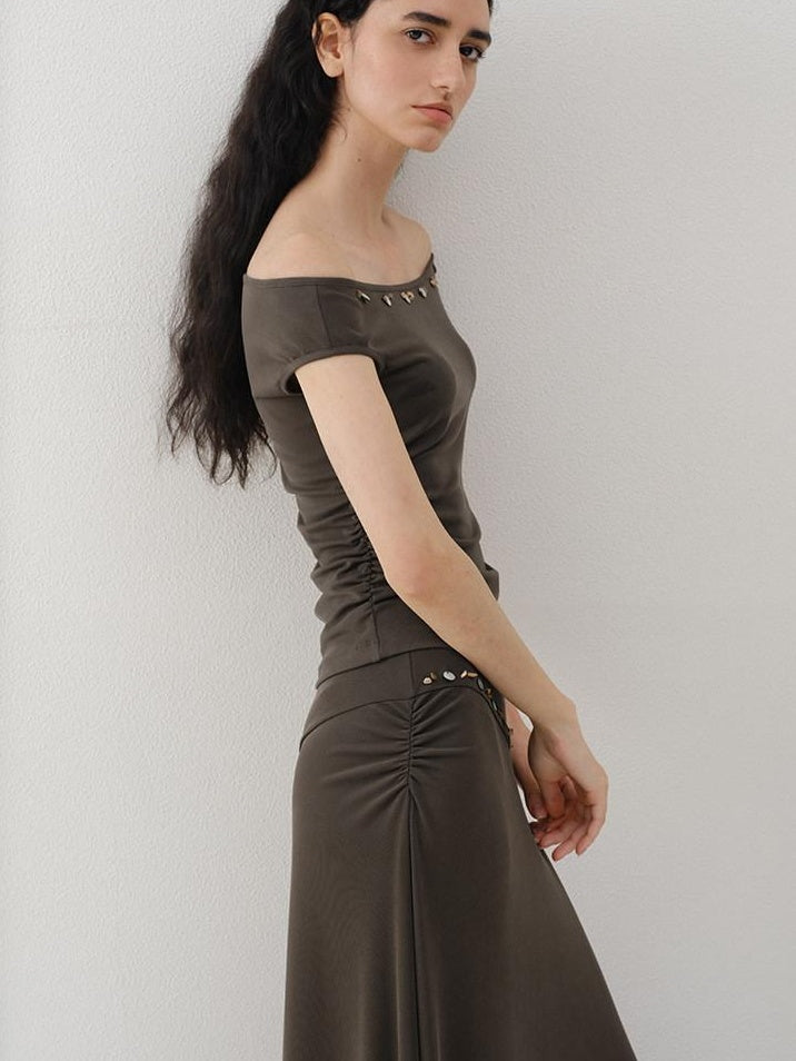 someonesometimes Breathable Modal Slim Fit Casual Pleated Beaded Brown Women Top & Skirt Sets