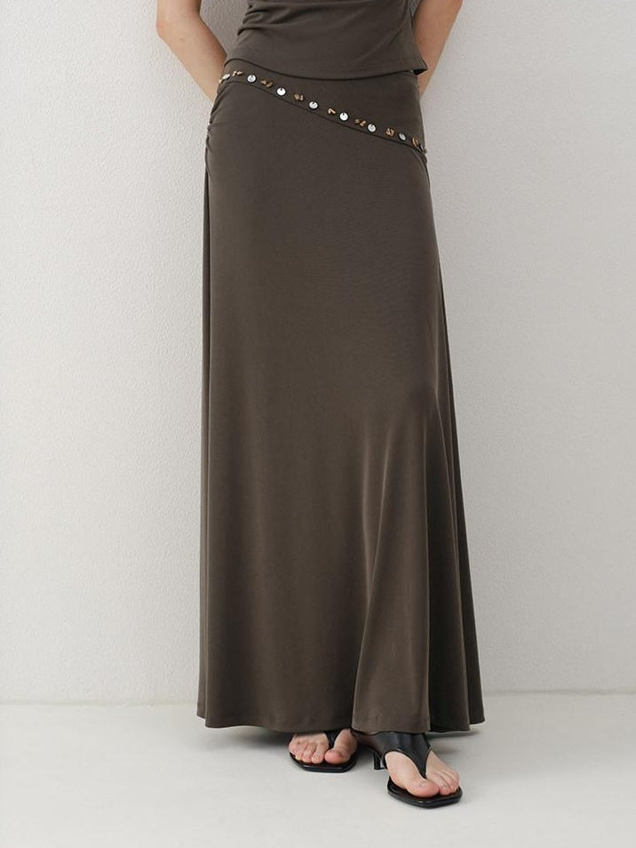 someonesometimes Breathable Modal Slim Fit Casual Pleated Beaded Brown Women Top & Skirt Sets