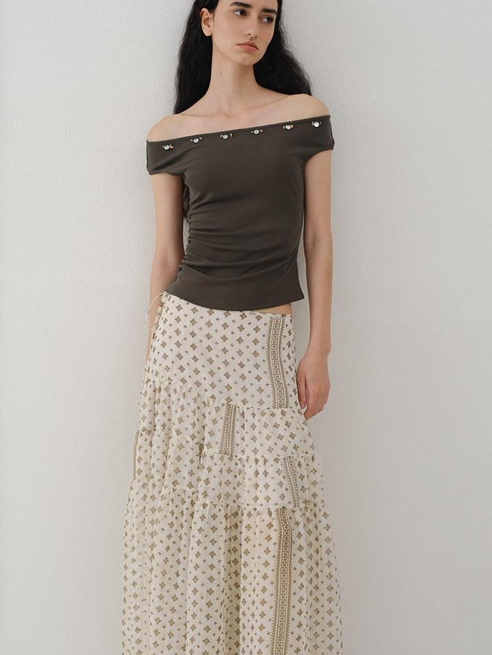 someonesometimes Breathable Modal Slim Fit Casual Pleated Beaded Brown Women Top & Skirt Sets