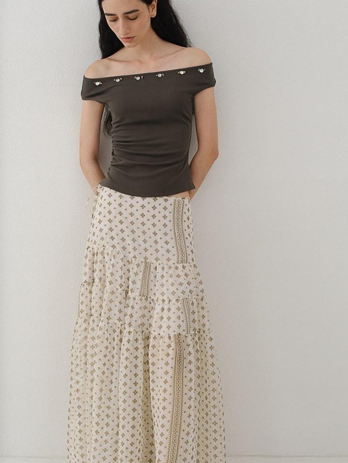 someonesometimes Breathable Modal Slim Fit Casual Pleated Beaded Brown Women Top & Skirt Sets