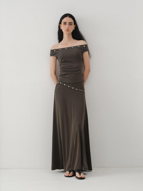 someonesometimes Breathable Modal Slim Fit Casual Pleated Beaded Brown Women Top & Skirt Sets