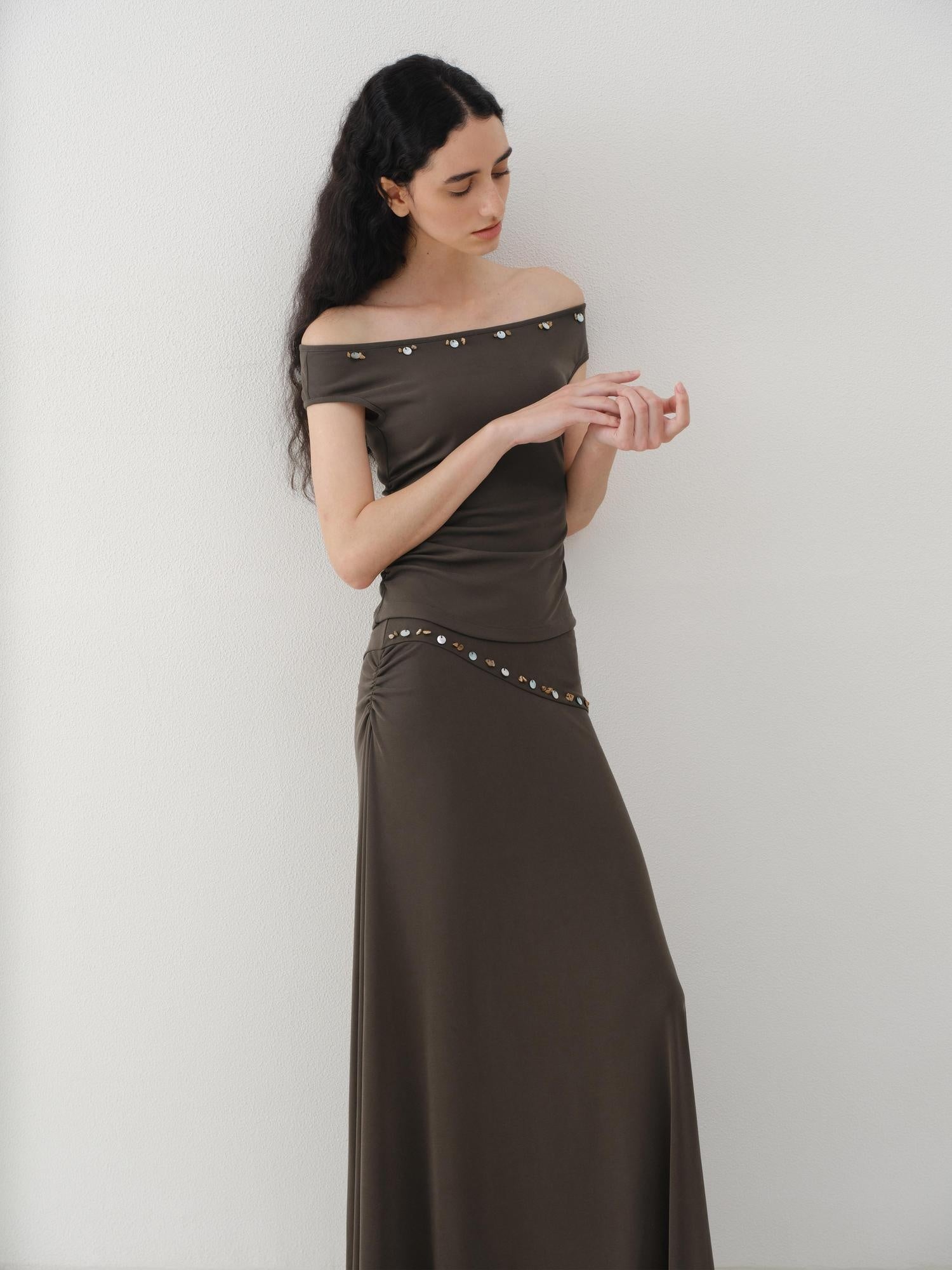 someonesometimes Breathable Modal Slim Fit Casual Pleated Beaded Brown Women Top & Skirt Sets