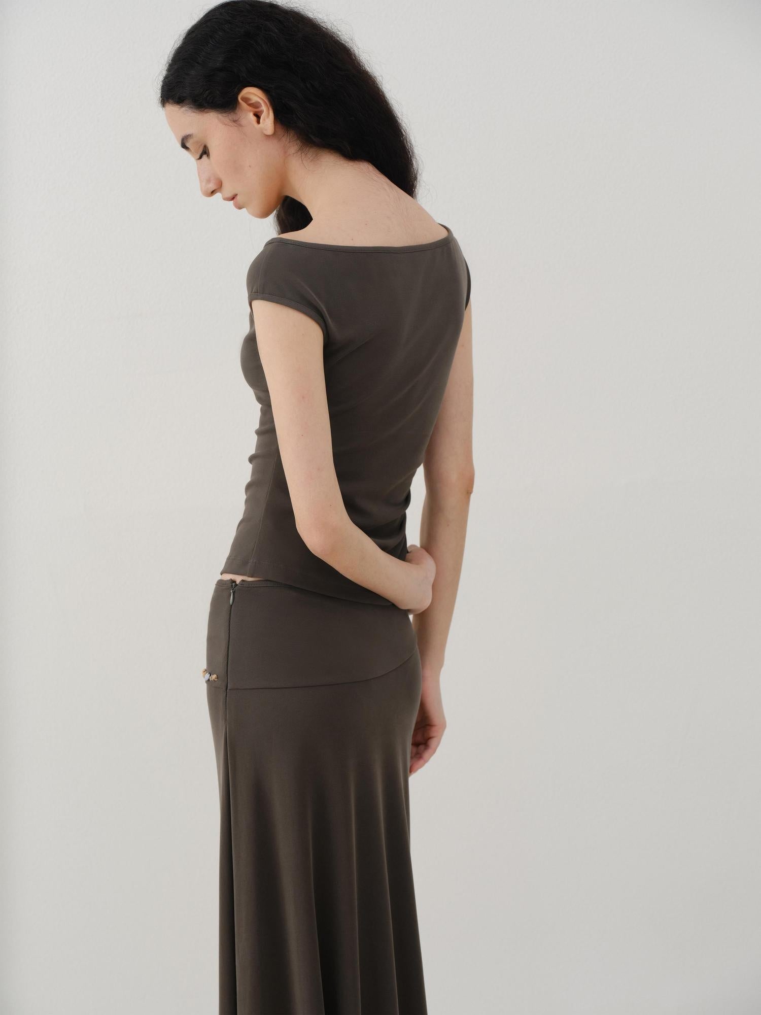 someonesometimes Breathable Modal Slim Fit Casual Pleated Beaded Brown Women Top & Skirt Sets