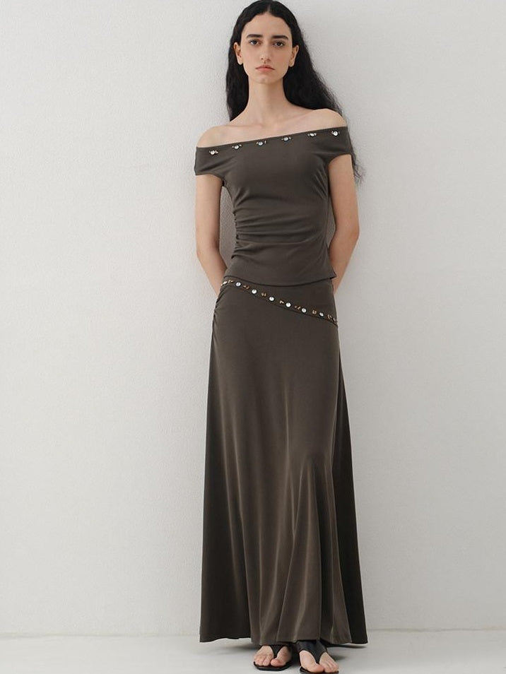 someonesometimes Breathable Modal Slim Fit Casual Pleated Beaded Brown Women Top & Skirt Sets