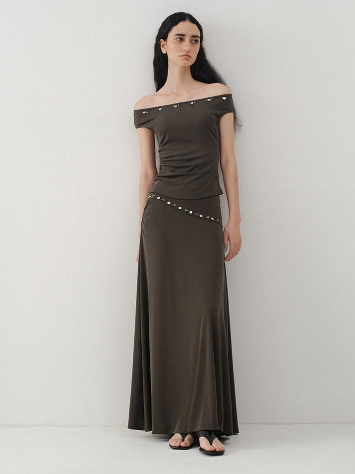 someonesometimes Breathable Modal Slim Fit Casual Pleated Beaded Brown Women Top & Skirt Sets