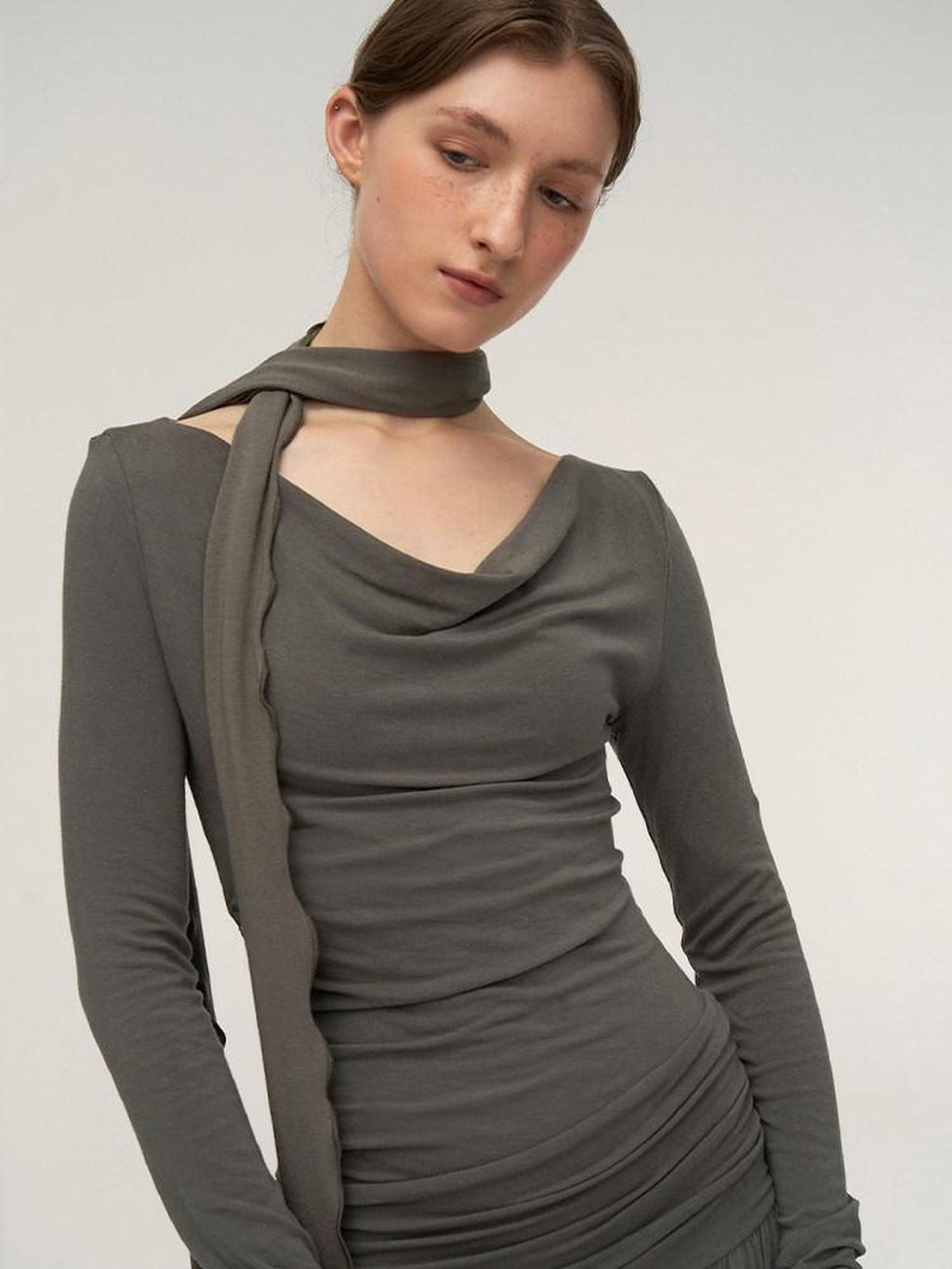 someonesometimes Brushed Cotton A Line Ruched Long Sleeve Women Lava Gray Maxi Dresses