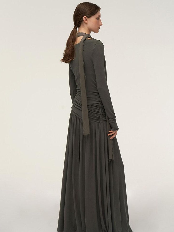 someonesometimes Brushed Cotton A Line Ruched Long Sleeve Women Lava Gray Maxi Dresses