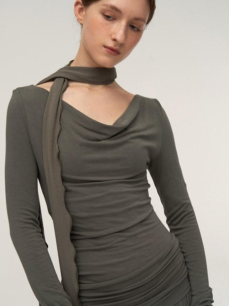 someonesometimes Brushed Cotton A Line Ruched Long Sleeve Women Lava Gray Maxi Dresses
