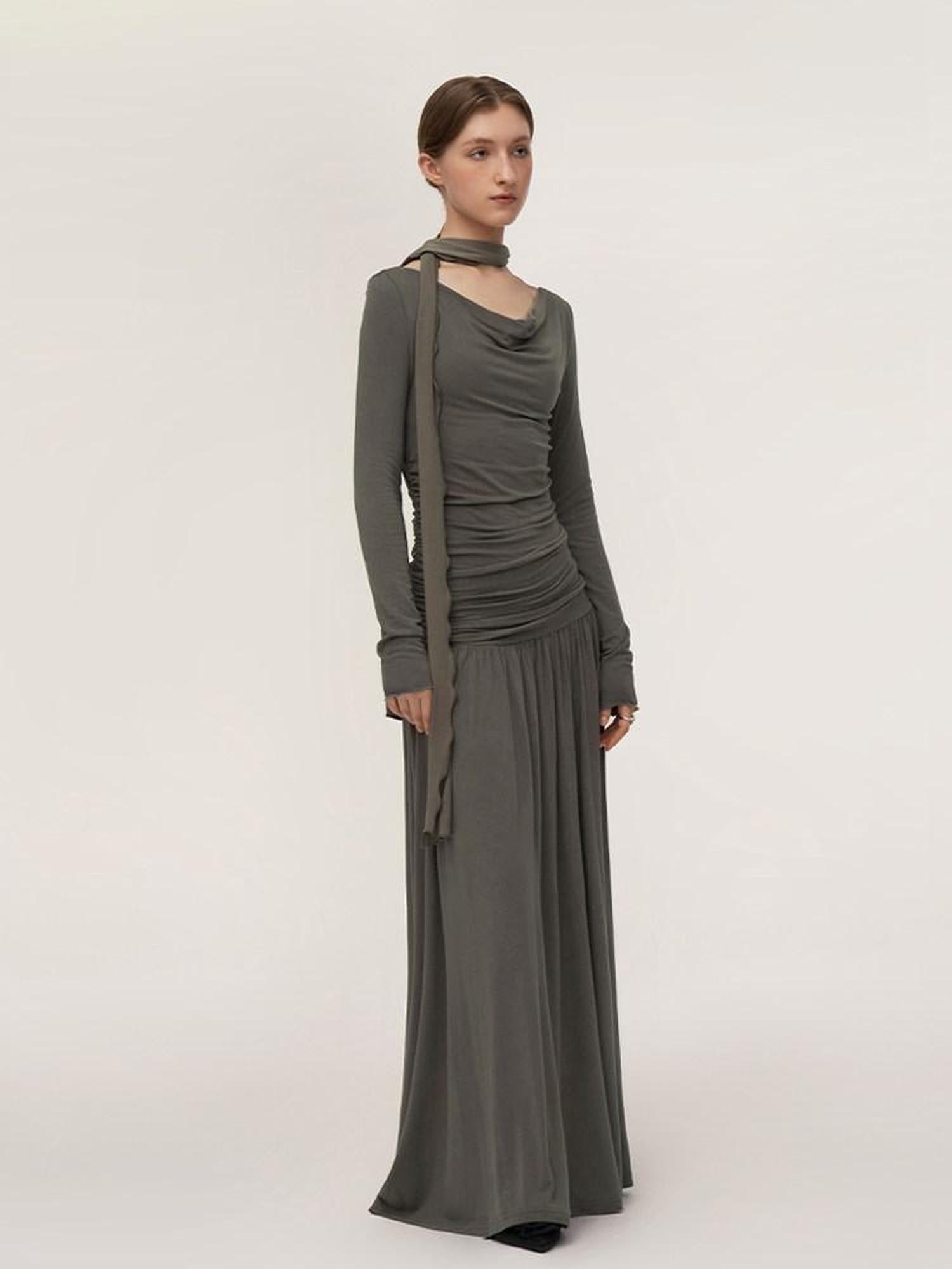 someonesometimes Brushed Cotton A Line Ruched Long Sleeve Women Lava Gray Maxi Dresses